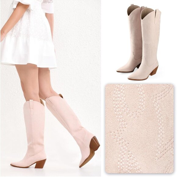 Women Pink Knee High Pointed Toe Block Heel Cowboy Western Embroidered Boots - Picture 3 of 5